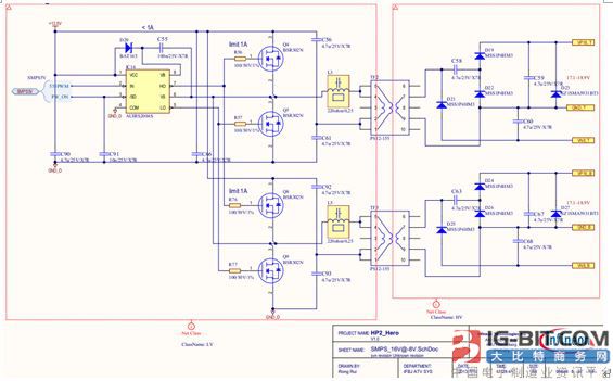 此电路采用一颗ir的汽车级半桥芯片irs2004s作为驱动,并联两个由